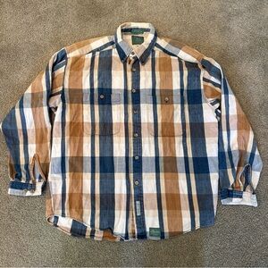 Baxter Natural Clothing Co Men's Lg Flannel Shirt Blue Tan Plaid Pure Cotton